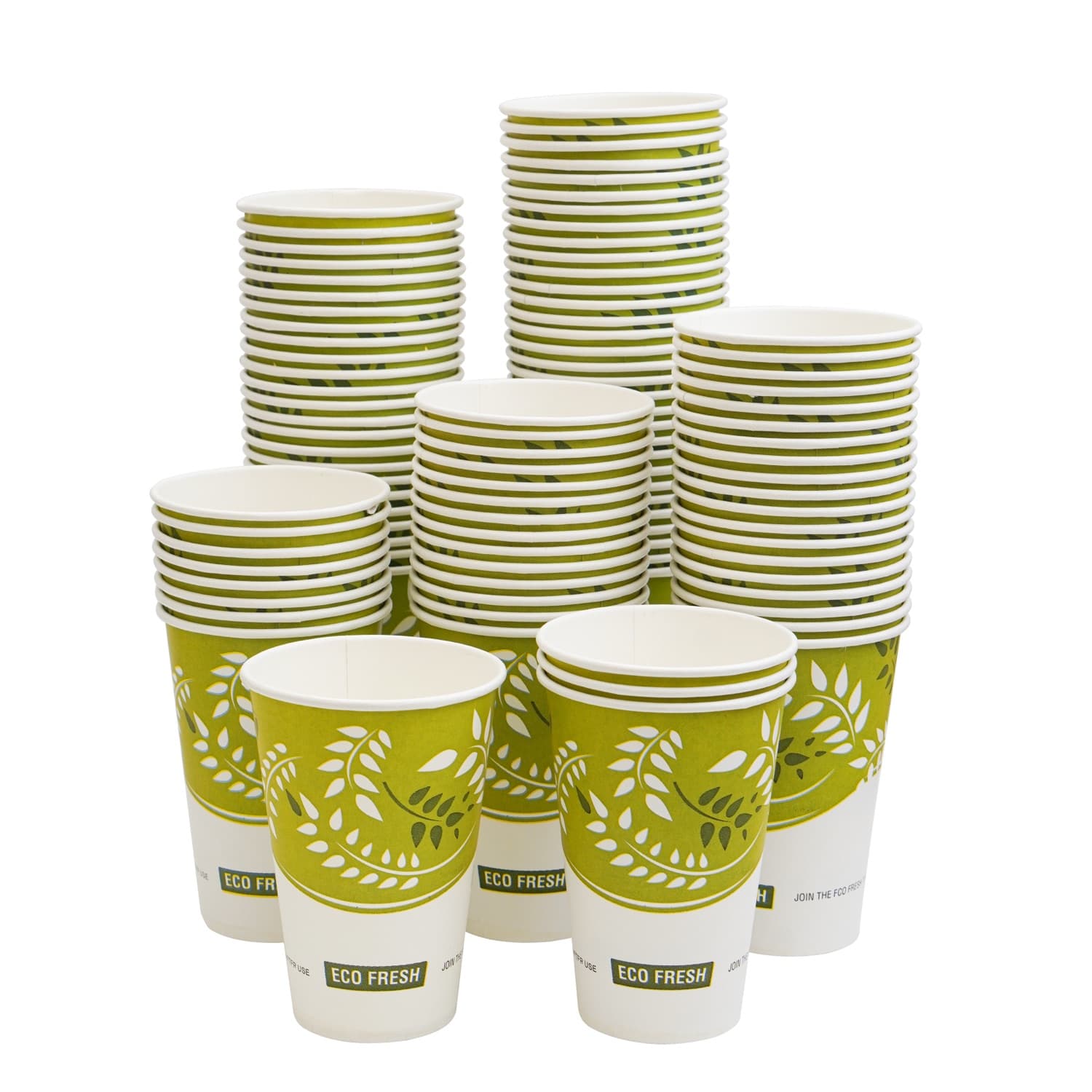 A full family of BioCup® ECO FRESH biodegradable cups stacked in several sizes